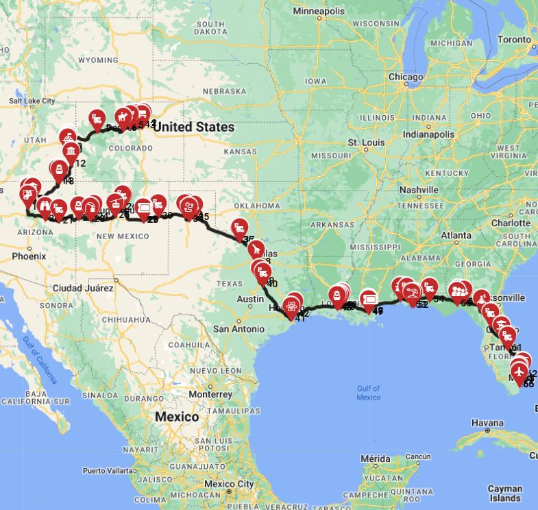Motorhome route planner for a trip from Denver to Miami